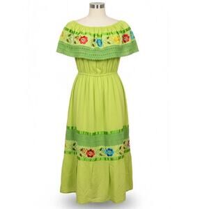 Mexican Authentic Fiesta Dress Lime Green Cotton Embroidered Off Shoulder 14